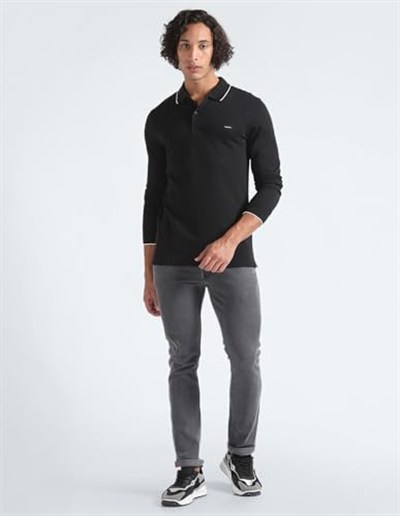 Erkek Slim Fit Uzun Kollu Polo Yaka Siyah Polo Yaka T-Shirt K10K112753-BEH