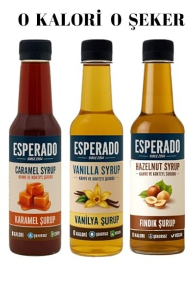 ESPERADO - 3 LÜ KAHVE ŞURUP SETİ - VANİLYA * FINDIK * KARAMEL -ŞEKERSİZ - ZERO - 3 X 250 ML