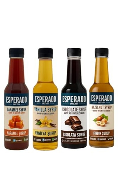 ESPERADO - 4 LÜ KAHVE ŞURUP SETİ - VANİLYA * FINDIK * KARAMEL * ÇİKOLATA -ŞEKERSİZ - ZERO- 4 X 250 ML