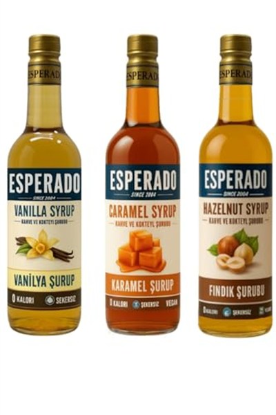 Esperado Vanilya * Karamel * Fındık Aromalı Kahve Şurubu - 3 Lü Set - Şekersiz - 750 Ml X 3 Ad.