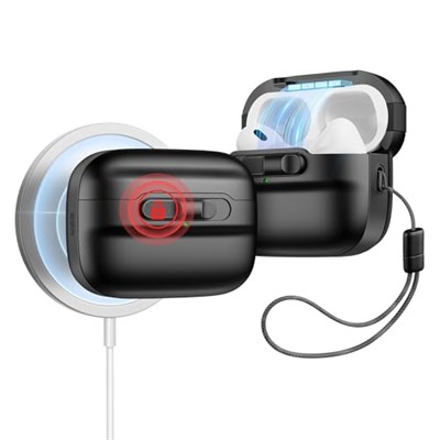 ESR AirPods Pro 2./1. nesil kılıf (2023/2022/2019) HaloLock, MagSafe Ready, manyetik kapak kilidi (USB-C/Lightning kablosu), taşıma kayışlı düşmeye karşı koruma, Pulse serisi, siyah