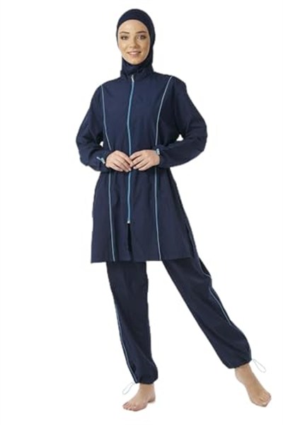 Estiva Kadın Tam Kapalı Pantolonlu Fermuarlı Tesettür Mayo Lacivert 3XL
