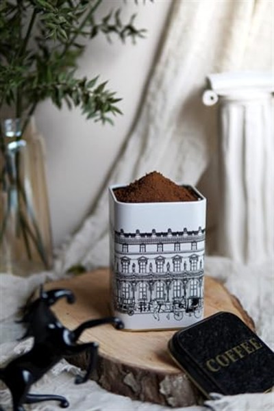 EVLE-Er022-2a City Coffee Desenli Kare Metal Saklama Kabı 11x11 Cm (City Coffee)