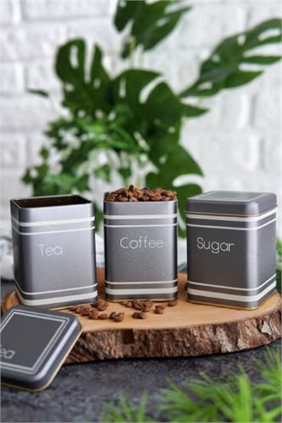 EVLE-Metal Çay, Kahve, Şeker Saklama Kutusu 3 Lü Set 7.5 x 7.5 x 10.2 cm, Silver (Silver)