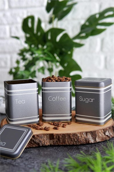 EVLE-Metal Çay, Kahve, Şeker Saklama Kutusu 3 Lü Set 7.5 x 7.5 x 10.2 cm, Silver (Silver)