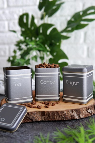 EVLE-Metal Çay, Kahve, Şeker Saklama Kutusu 3 Lü Set 7.5 x 7.5 x 10.2 cm, Silver (Silver)