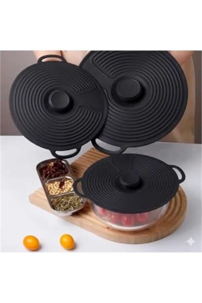 Evrensel 3lü Tutma Saplı Silikon Tencere & Tava Kapak Seti, 20-23-28 cm, Siyah