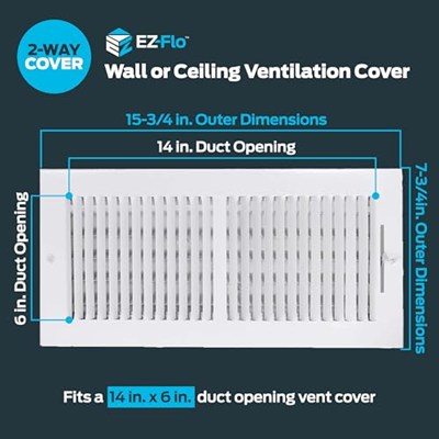 EZ-FLO 61613 Havalandırma Kapağı, 36x15 cm Duvar/Tavan, İki Yönlü Ventilasyon, Çelik HVAC, Beyaz