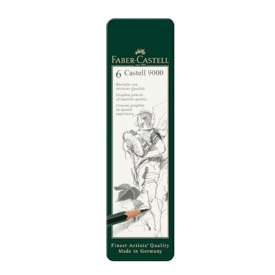 Faber-Castell 9000 Dereceli Kurşun Kalem Seti, 6’lı, Metal Kutu, HB-B-2B-4B-6B-8B, Teknik Çizim ve Eskiz İçin, Dayanıklı Uç, Naturel Siyah