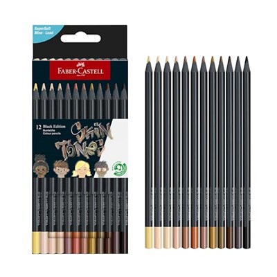Faber-Castell Black Edition Boya Kalemi 12’li Skin Tones, Siyah Lata, Siyah Kağıda Uyumlu, Ergonomik Üçgen Gövde, Ten Renkleri