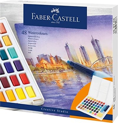 Faber-Castell Creative Studio Tablet Suluboya Seti, 48 Renk, Su Bazlı Pigment, Karıştırma Paleti ve Aksesuarlar ile, Taşınabilir Sanatsal Set | Karıştırma paleti, su tankı fırçası ve sünger, hobi ve y