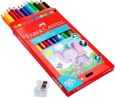 Faber-Castell Jumbo Boya Kalemi, 12 Renk, Kalın Gövde ve Uç, Kırılmaya Dirençli Özel Yapıştırma Sistemi, Kolay Açılır, Çocuklar İçin Güvenli