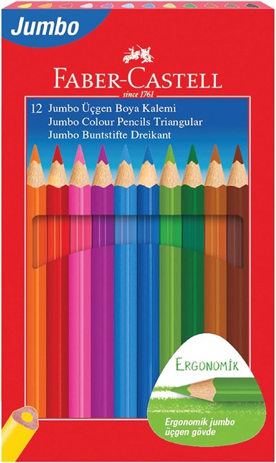 Faber-Castell Jumbo Kuru Boya Kalemi, 12 Renk, Çocuklar İçin Eğlenceli ve Kolay Tutuş, Ergonomik Üçgen ve Kalın Gövde, Kırılmaya Karşı Dirençli Özel Yapıştırma Sistemi