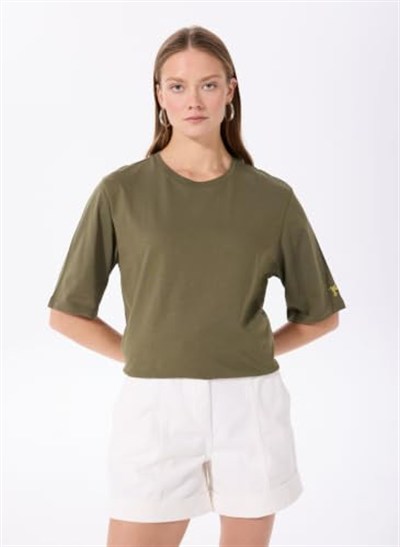 Fabrika Bisiklet Yaka Oversize T-Shirt, XS, DANTITA, Haki, Kadın