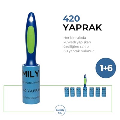 Family Co. Kedi Köpek Saç Kıl Tüy Toplayıcı Rulo 1 Rulo 6 Yedek Her Biri 60 Yaprak Toplam 420 Yaprak