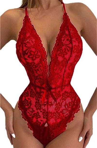Fancy&Dancy Kadın Bacak Arası Açık Dantel Tül Babydoll - Çapraz Askı Detaylı Şık Gecelik - Tek Parça İç Çamaşırı Bodysuit - 7300