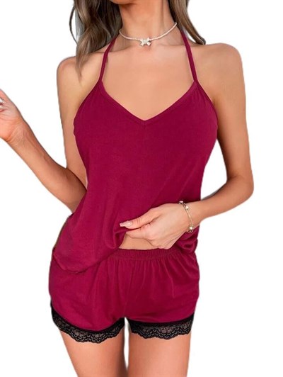 Fancy&Dancy Kadın Bordo Renk Dantel Detaylı Pamuklu Takım 002