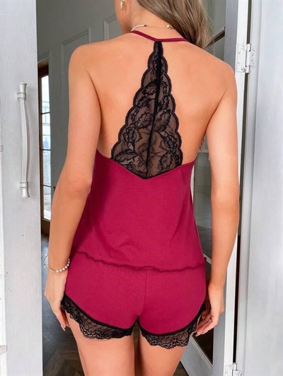 Fancy&Dancy Kadın Bordo Renk Dantel Detaylı Pamuklu Takım 002