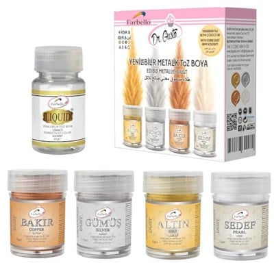 Farbello Metalik Gıda Boyası, 4 Renk Set, Aroma verici yenilebilir Toz Boya, Pasta, Çikolata ve Pastacılık Dekorasyonu