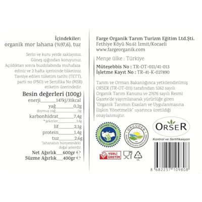 Farge Organik Mor Lahana Turşusu, Organik Sauerkraut, 600g, Cam Kavanoz
