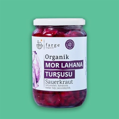 Farge Organik Mor Lahana Turşusu, Organik Sauerkraut, 600g, Cam Kavanoz