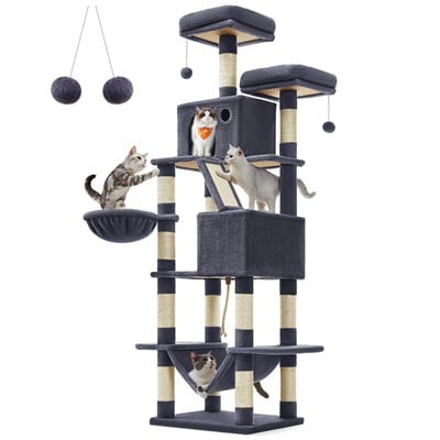 FEANDREA Kedi Ağacı, Büyük Oyun Kulesi, Yükseklik 206 cm, 13 Çizik Tahtası, 1 Çizik Tahtası, 2 Platform, 2 Niş, Sepet, Hamak, Pompon, Peluş Kumaş, Çok Seviyeli Koyu Gri