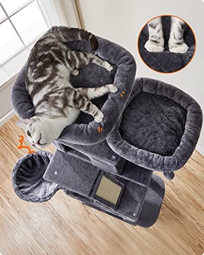 FEANDREA Kedi Ağacı, Büyük Oyun Kulesi, Yükseklik 206 cm, 13 Çizik Tahtası, 1 Çizik Tahtası, 2 Platform, 2 Niş, Sepet, Hamak, Pompon, Peluş Kumaş, Çok Seviyeli Koyu Gri