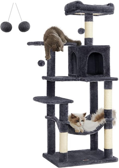 Feandrea PCT161W01 tırmalama ağacı, 143 cm yüksekliğinde, kedi ağacı, çok katlı kedi evi, 4 tırmalama sütunu, 2 platform, hamak, mağara, açık gri