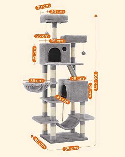 Feandrea tırmalama ağacı, büyük, 168 cm yüksekliğinde, L kedi ağacı, 13 tırmalama sütunu, 2 platform, 2 mağara, sepet, hamak, peluş toplar, çok katlı kedi tırmalama ağacı, açık gri PCT165W01