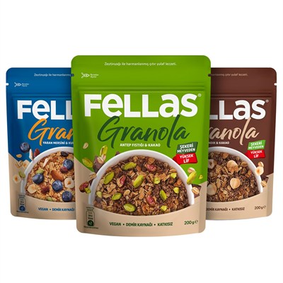 Fellas Granola 3lü Mix Paket - Yaban Mersinli 200 g + Fındık ve Kakao 200 g + Antep Fıstıklı