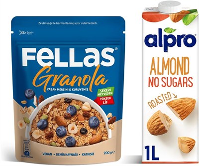 Fellas Yaban Mersinli Granola & Alpro Şekersiz Badem İçecek Kahvaltı Seti