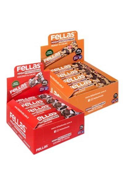 Fellas Yüksek Protein Bar 45 g Süper İkili Kutu 24 Adet - Hind. Cevizli x12 Adt+Yer Fıstıklı x12 Adt