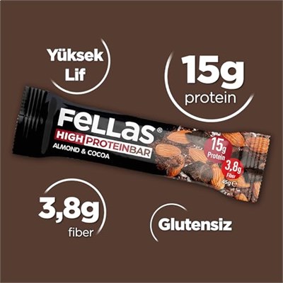 Fellas Yüksek Protein Bar, Bademli ve Kakaolu, 45gr x 12 Adet
