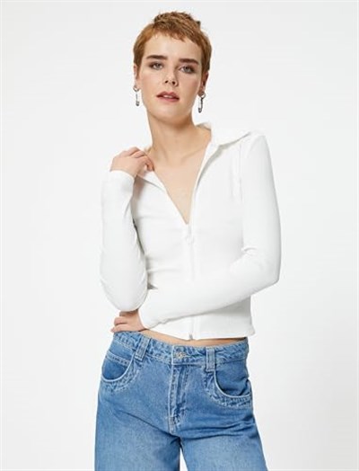 Fermuarlı Polo Yaka Tişört Uzun Kollu Ribanalı Slim Fit Pamuklu