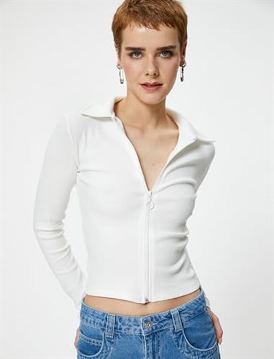 Fermuarlı Polo Yaka Tişört Uzun Kollu Ribanalı Slim Fit Pamuklu