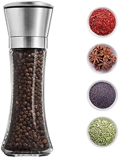 FETHİYE TOPTAN Cam Gövdeli Paslanmaz Çelik Kapaklı Baharat Öğütücü Tuzluk Karabiberlik Öğütücü (13cm), FT4344 - Bedenler: 13cm, 19cm
