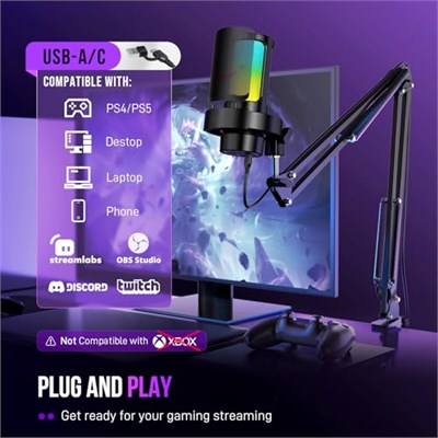 FIFINE AmpliGame A8T USB oyun mikrofonu, PC kondenser mikrofon, Boom kollu | Hızlı Sessiz, Kazanç Düğmesi, RGB Kontrolü, Kulaklık Jakı, PC/PS5 Akış Discord Twitch Kayıt Podcastleri YouTube, Metal