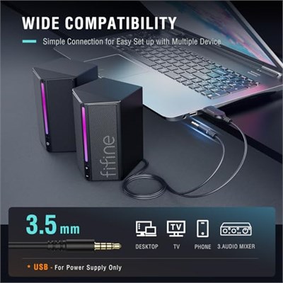 FIFINE Bilgisayar hoparlörü, RGBli masaüstü bilgisayar hoparlörleri, ses kontrolü, oyun hoparlörleri USB ile çalışan, 3,5 mm Aux ses kablosuyla çalışır, dizüstü bilgisayar monitörü, telefon