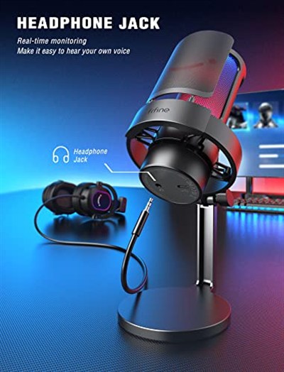 FIFINE USB Mikrofonu, AmpliGame Oyun Bilgisayarı Masaüstü Kondansatör, RGB Mikrofon, Mac/Bilgisayar/PS4/PS5te YouTube, Sessiz Düğmeli, Mikrofon Kazancı, Pop Filtresi, Şok Montajı, Kulaklık Jakı-A8