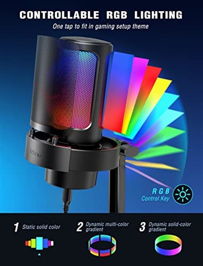 FIFINE USB Mikrofonu, AmpliGame Oyun Bilgisayarı Masaüstü Kondansatör, RGB Mikrofon, Mac/Bilgisayar/PS4/PS5te YouTube, Sessiz Düğmeli, Mikrofon Kazancı, Pop Filtresi, Şok Montajı, Kulaklık Jakı-A8