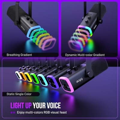 FIFINE USB/XLR Dinamik Mikrofon, Podcast Kayıt için, RGB Işıklı PC Bilgisayar Oyun Akış Mikrofonu, Sessiz Düğme, Kulaklık Jakı, Masaüstü Standı, Şarkı Söylemek için Vokal Mikrofon YouTube-AmpliGame