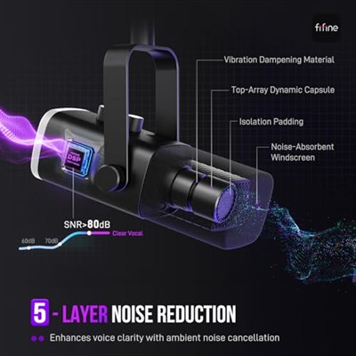 FIFINE USB/XLR Dinamik Mikrofon, Podcast Kayıt için, RGB Işıklı PC Bilgisayar Oyun Akış Mikrofonu, Sessiz Düğme, Kulaklık Jakı, Masaüstü Standı, Şarkı Söylemek için Vokal Mikrofon YouTube-AmpliGame