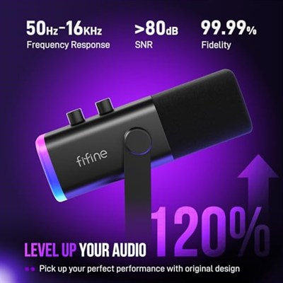 FIFINE USB/XLR Dinamik Mikrofon, Podcast Kayıt için, RGB Işıklı PC Bilgisayar Oyun Akış Mikrofonu, Sessiz Düğme, Kulaklık Jakı, Masaüstü Standı, Şarkı Söylemek için Vokal Mikrofon YouTube-AmpliGame
