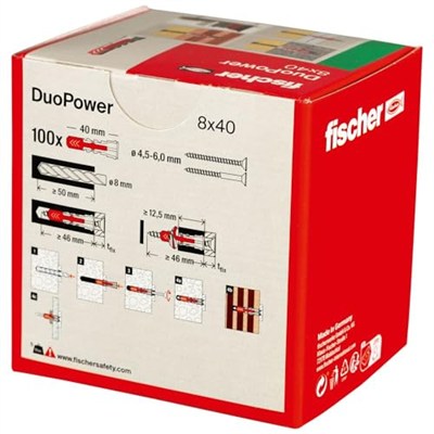 fischer DuoPower 8 x 40, evrensel dübel, güçlü 2 bileşenli dübel, beton, tuğla, taş, alçı yapı plakaları vb. sabitlemek için plastik dübel, vidasız, 100 adet