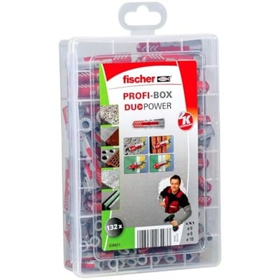 fischer PROFI-BOX DUOPOWER, 132 dübelli dübel kutusu (60 adet 6 x 30, 60 adet 8 x 40, 12 adet 10 x 50), evrensel dübel, pratik set, amatör ve profesyoneller için dübel kutusu, vidasız