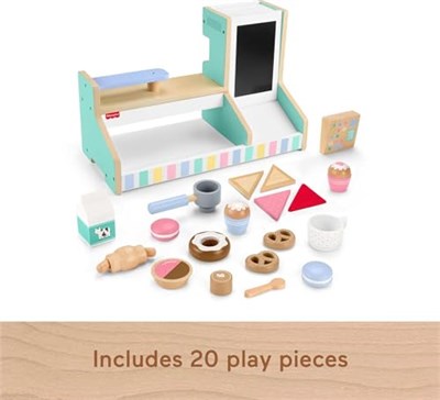Fisher-Price 3 yaş ve üzeri çocuklar için 20 ahşap parçadan oluşan Ahşap Kahve Dükkanı oyun seti ve oyuncak kasa, HXV22