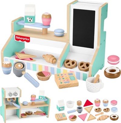 Fisher-Price 3 yaş ve üzeri çocuklar için 20 ahşap parçadan oluşan Ahşap Kahve Dükkanı oyun seti ve oyuncak kasa, HXV22
