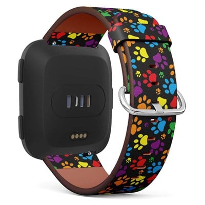 Fitbit Versa ile Uyumlu - Hızlı Çıkarılan Deri Bant Bilezik Kayış Yedek Bileklik - Renkli Pati Baskısı