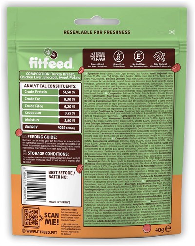 fitfeed Freeze-Dried Çiğ Hindi&Tatlı Patates Köpek Ödül Maması 40g