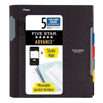 Five Star Modern spiral not defteri, 5 bölme, orta genişlikte, çizgili kağıt, 2 yaprak, renk değişebilir (6326) 1 birim siyah